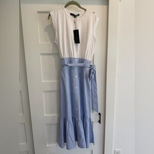 Veronica Beard White Top with Light Blue Striped Midi Skirt Dress